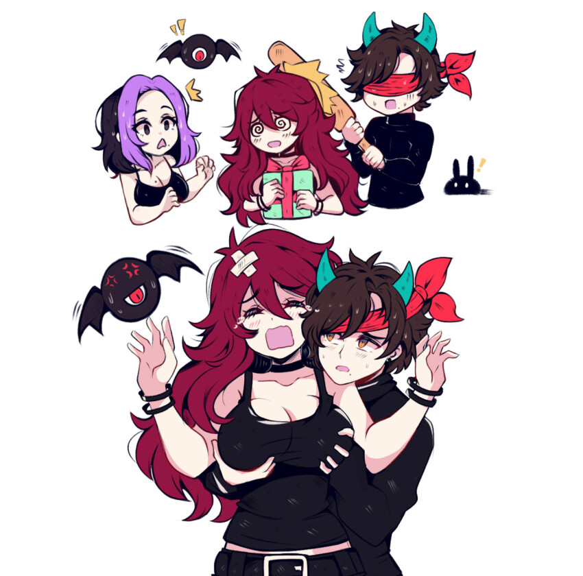1boy 2girls @_@ belt black_belt black_choker black_hair blindfold blush box breasts brown_hair character_request choker cleavage closed_eyes crying demon_wings gift gift_box grabbing_another&#039;s_breast grabbing_from_behind groping highres holding holding_gift horns large_breasts long_hair midriff mizzu_(mizzuiita) mizzuiita mole mole_under_mouth multicolored_hair multiple_girls notice notice_lines open_mouth original purple_hair red_blindfold red_hair short_hair tears white_background wings