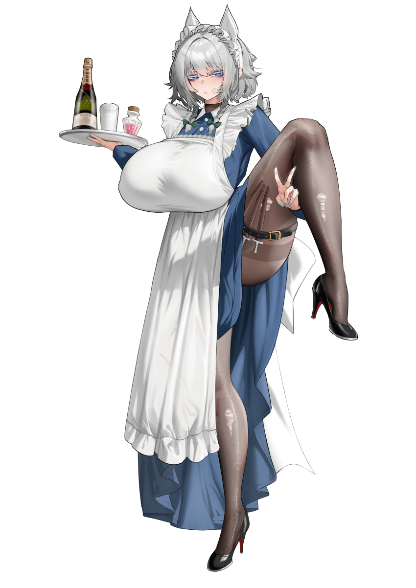 1girl absurdres belt blush bottle breasts dress highres izayoi_sakuya large_breasts maid maid_headdress pantyhose solo thigh_belt thigh_strap torn_clothes torn_pantyhose touhou user_ckkx8884 v white_background white_dress white_hair wine_bottle