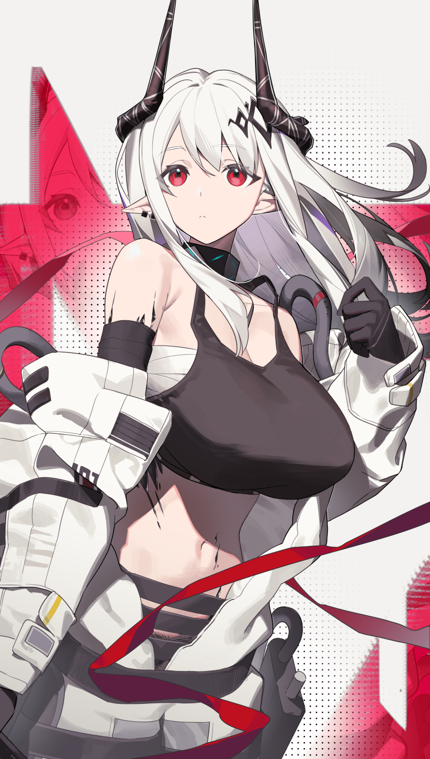 1girl absurdres airseal arknights black_choker black_gloves black_horns black_pubic_hair breasts chest_sarashi choker commentary_request female_pubic_hair gloves highres horns jacket large_breasts long_hair long_sleeves material_growth midriff mudrock_(arknights) navel oripathy_lesion_(arknights) pointy_ears pubic_hair red_eyes sarashi solo white_hair white_jacket