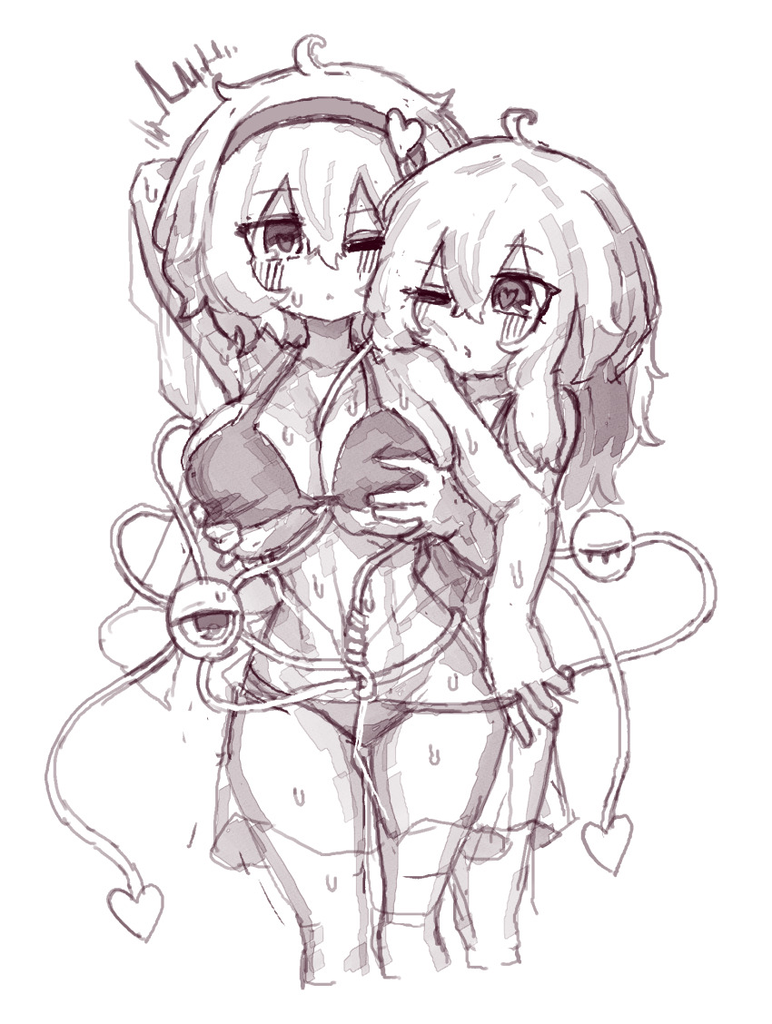 2girls ;&lt; ahoge bikini bikini_pull breasts cleavage clothes_pull grabbing_another&#039;s_breast grabbing_from_behind greyscale groping hairband heart heart-shaped_pupils highres incest komeiji_koishi komeiji_satori large_breasts medium_hair monochrome multiple_girls one_eye_closed pulling_another&#039;s_clothes rampa93 short_hair simple_background swimsuit symbol-shaped_pupils third_eye touhou yuri