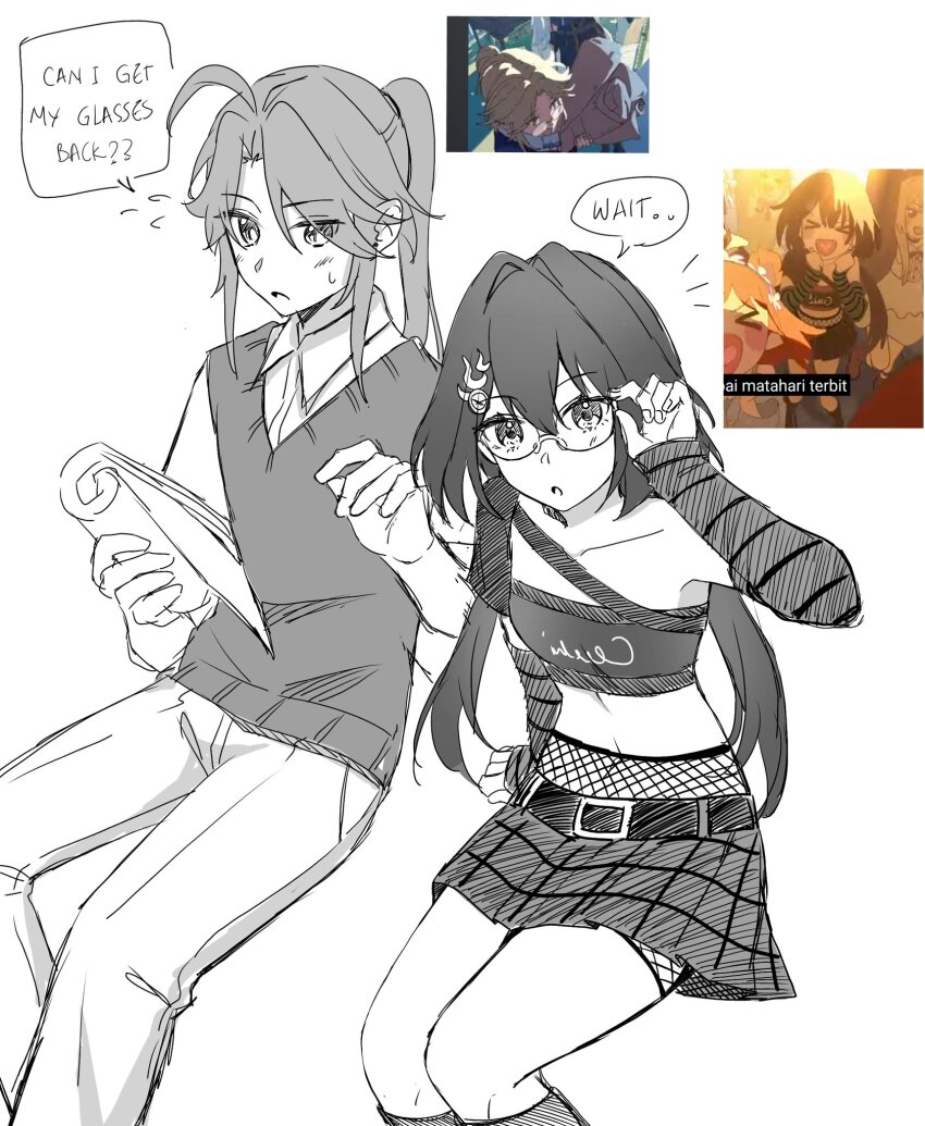 1boy 1girl ahoge bandeau belt commentary crop_top detached_sleeves english_commentary english_text feet_out_of_frame fishnets glasses greyscale highres holding honkai:_star_rail honkai_(series) long_sleeves midriff miniskirt monochrome nafatizie official_alternate_costume pants ponytail screenshot_inset shirt simple_background sitting skirt speech_bubble vest white_background yanqing_(honkai:_star_rail) yunli_(honkai:_star_rail)