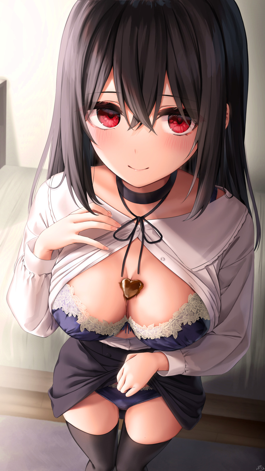 1girl absurdres black_choker black_hair black_ribbon black_skirt black_thighhighs blue_bra blue_panties blush bra breasts candy chocolate chocolate_heart chocolate_on_body chocolate_on_breasts choker cleavage closed_mouth clothes_lift flashing food food_on_body from_above hair_between_eyes hand_on_own_chest heart heart-shaped_food heart-shaped_pupils heart_in_eye highres lace lace-trimmed_bra lace-trimmed_panties lace_trim large_breasts lifting_own_clothes long_hair long_sleeves looking_at_viewer looking_up neck_ribbon open_clothes open_shirt original panties pantyshot partially_unbuttoned ramchi red_eyes ribbon shirt skirt skirt_lift smile standing symbol-shaped_pupils symbol_in_eye thighhighs underwear upskirt valentine white_shirt yandere-chan_(ramchi)