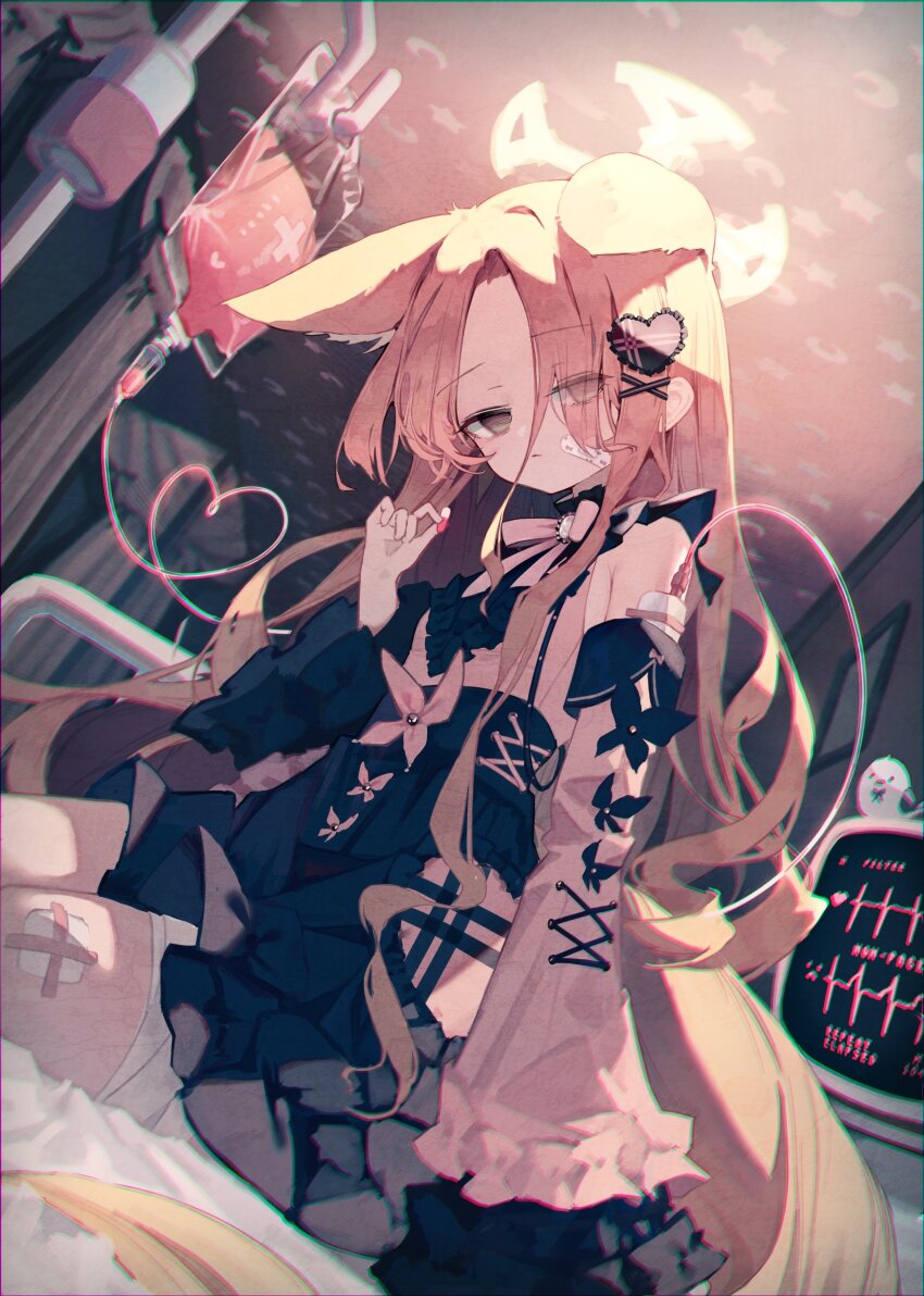 1girl absurdres animal_ear_fluff animal_ears bandage_on_face bandages bed bird black_skirt blonde_hair blood blood_bag blue_archive blush cardiogram detached_sleeves dress floppy_ears fox_ears frills hair_ornament halo heart heartbeat highres hospital hospital_bed iasimo intravenous_drip iv_stand jirai_kei long_hair long_sleeves ribbon seia_(blue_archive) shirt skirt twintails yellow_halo