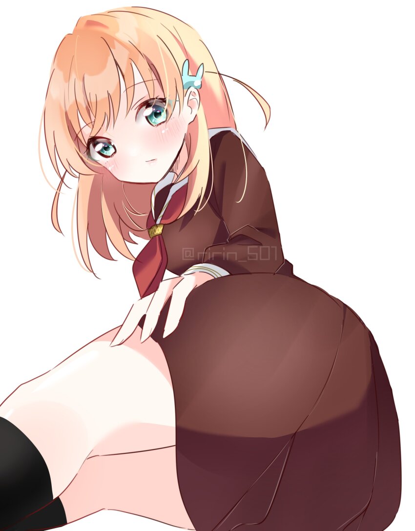 1girl :/ absurdres aqua_eyes ass ass_focus blush brown_dress closed_mouth commentary crossed_bangs dress feet_out_of_frame hair_ornament hand_on_own_thigh hasu_no_sora_school_uniform highres hinoshita_kaho link!_like!_love_live! long_sleeves looking_at_viewer love_live! lying medium_hair neckerchief on_side orange_hair pleated_dress rabbit_hair_ornament red_neckerchief ririn_(ririn_501) sailor_collar sailor_dress school_uniform simple_background solo twitter_username two_side_up virtual_youtuber white_background white_sailor_collar winter_uniform