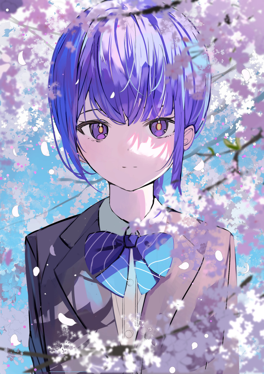 1girl absurdres aroa_(aroamoyasi) black_jacket blue_bow blue_bowtie blue_hair bow bowtie closed_mouth expressionless falling_petals flower highres jacket kamitsubaki_studio lapels looking_at_viewer notched_lapels petals pink_flower pinstripe_bowtie purple_eyes rim_(kamitsubaki_studio) school_uniform shirt solo straight-on upper_body white_flower white_shirt yellow_pupils