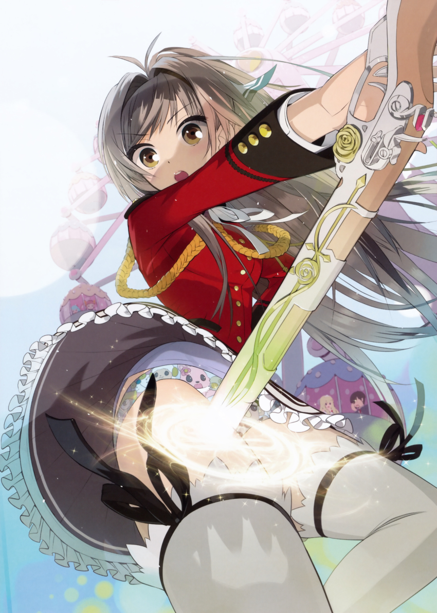 10s 1girl absurdres amagi_brilliant_park antenna_hair brown_eyes brown_hair female_focus ferris_wheel frilled_skirt frills from_below grey_thighhighs gun highres holding holding_gun holding_weapon huge_filesize long_hair looking_at_viewer neck_ribbon official_art okama open_mouth panties red_shirt ribbon riffle sento_isuzu shirt skirt solo thighhighs underwear weapon white_ribbon
