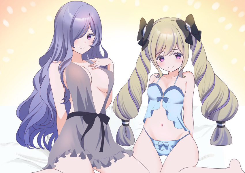 2girls absurdres azusa_(azchemist63) blonde_hair bow breasts camilla_(fire_emblem) drill_hair elise_(fire_emblem) fire_emblem fire_emblem_fates hair_between_eyes hair_bow hair_ornament hair_over_one_eye half-siblings highres kneeling long_hair looking_at_viewer medium_breasts multiple_girls multiple_hair_bows nightgown nintendo panties parted_bangs purple_eyes purple_hair siblings sidelocks small_breasts smile twin_drills underwear wavy_hair