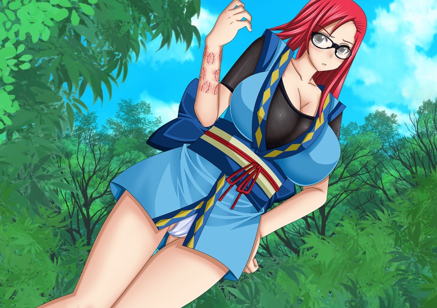 1girl artemisumi bite_mark blush breasts cleavage collarbone commission female_focus fishnets glasses grey_eyes huge_breasts japanese_clothes karin_(naruto) kimono long_hair naruto_(classic) naruto_(series) panties red_hair sash solo thighs underwear
