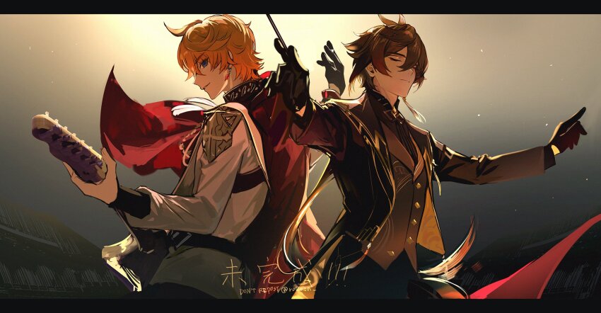 2boys ahoge alternate_costume brown_hair chinese_clothes chinese_text closed_eyes closed_mouth english_text expressionless genshin_impact gloves hair_between_eyes highres holding holding_instrument instrument long_hair male_focus multiple_boys music orange_hair orchestra playing_instrument rokuon short_hair smile tartaglia_(genshin_impact) unfinished zhongli_(genshin_impact)