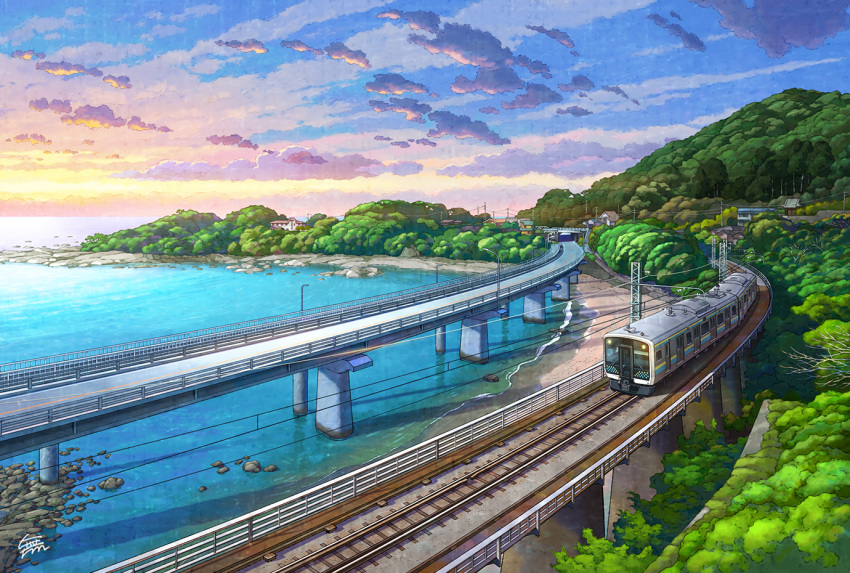 bridge cloud commentary_request east_japan_railway_company lamppost mountain mugumo_24k multiple_unit_train no_humans ocean original outdoors overhead_line power_lines railroad_tracks real_world_location road rock scenery train water