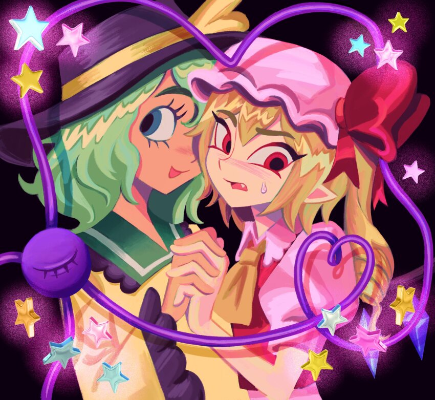 2girls alternate_skin_color ascot black_background black_hat blonde_hair blouse blue_eyes blush bow crystal eyeball flandre_scarlet flandrepudding frilled_shirt_collar frilled_sleeves frills green_hair hat hat_bow heart heart_of_string highres holding holding_hands komeiji_koishi long_sleeves looking_at_viewer mob_cap multicolored_wings multiple_girls open_mouth puffy_short_sleeves puffy_sleeves red_bow red_eyes red_vest shirt short_hair short_sleeves side_ponytail simple_background smile star_(symbol) sweatdrop third_eye touhou vest white_hat wide_sleeves wings yellow_ascot yellow_bow yellow_shirt yuri