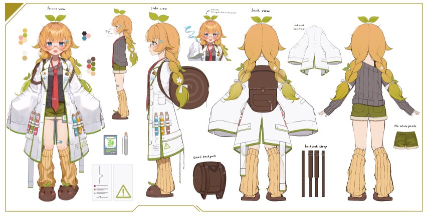 1girl absurdres backpack bag bandaid bandaid_on_leg black_shirt blonde_hair blue_eyes braid brown-framed_eyewear brown_bag brown_footwear coat color_guide commentary english_commentary english_text full_body glasses gradient_hair green_hair green_shorts hair_ornament hairclip haneiro highres holding holding_vial lab_coat leg_warmers lemi_lichen multicolored_hair multiple_views necktie off-shoulder_shirt off_shoulder official_art open_clothes open_coat open_mouth red_necktie reference_sheet second-party_source semi-rimless_eyewear shirt short_eyebrows shorts sleeves_past_wrists slippers sprout_on_head stellarversepro tie_clip twin_braids vial virtual_youtuber white_background white_coat yellow_leg_warmers