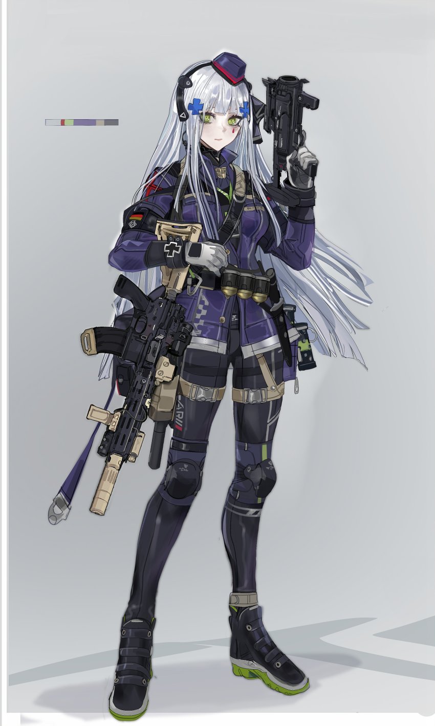 1girl 40x46mm_lv 40x46mmsr absurdres ammunition anti-materiel_cartridge assault_rifle black_pants commentary earpiece explosive facial_mark flashbang full_body girls&#039;_frontline gloves green_eyes grenade grenade_cartridge grenade_launcher grey_background gun gun_sling h&amp;k_hk269 h&amp;k_hk416 hair_ornament hand_grenade hat headgear heckler_&amp;_koch highres hk416_(girls&#039;_frontline) hk416_(mod3)_(girls&#039;_frontline) holding holding_gun holding_weapon jacket knee_pads knife knife_sheath less-than-lethal_weapon long_hair looking_at_viewer m320 mini_hat mod3_(girls&#039;_frontline) modular_weapon_system nslacka pants purple_jacket rifle sheath shoes silver_hair simple_background solo stand-alone_configuration subsonic_ammunition suppressor transforming_weapon trigger_discipline weapon white_gloves