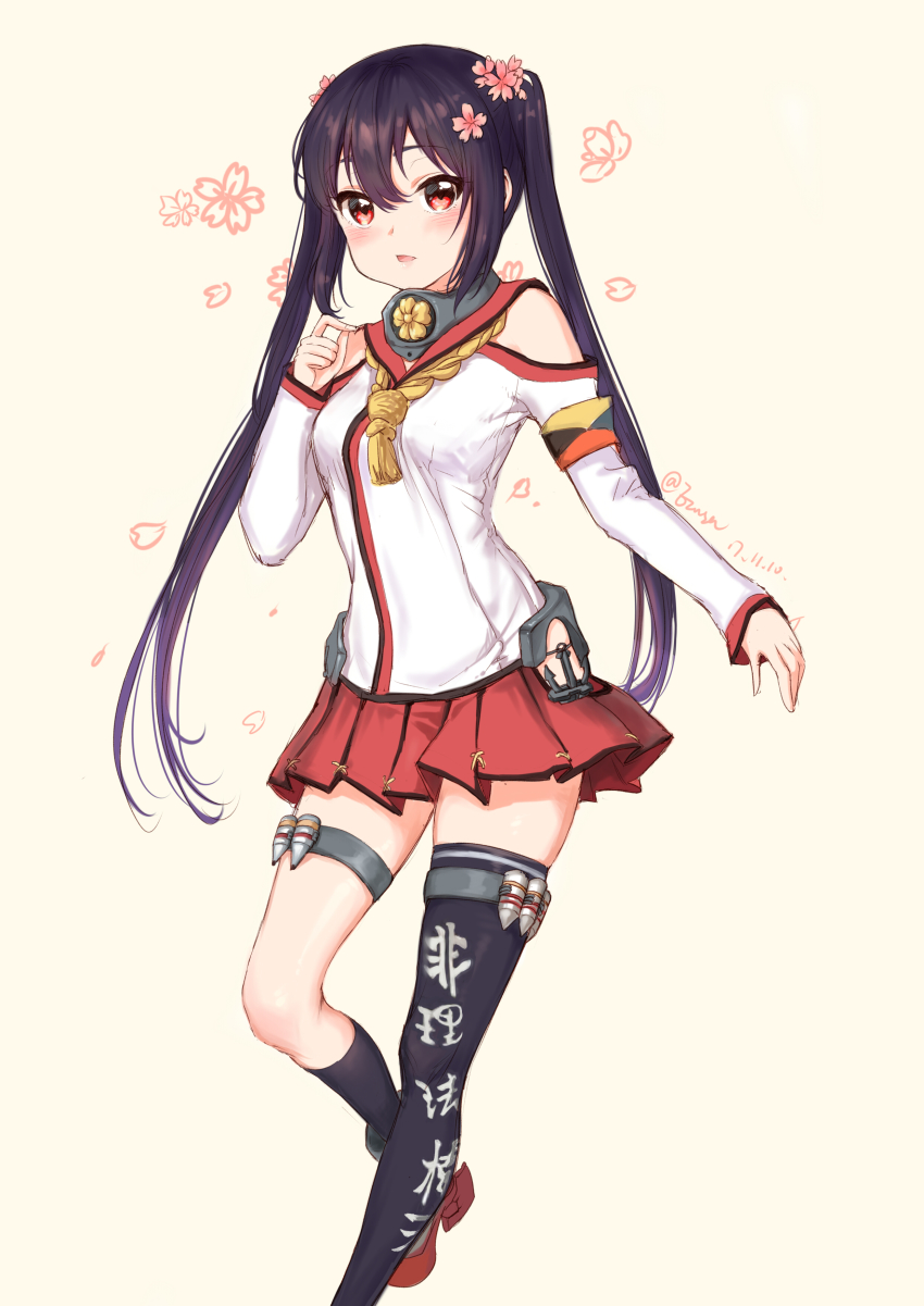 1girl absurdres black_hair black_socks blush cosplay dated ezusa female_focus flower hair_flower hair_ornament highres k-on! kantai_collection kneehighs long_hair nakano_azusa petals red_eyes simple_background single_kneehigh single_sock single_thighhigh socks solo taketatsu_ayana thigh_strap thighhighs twintails twitter_username very_long_hair voice_actor_connection yamato_(kancolle) yamato_(kancolle)_(cosplay) z_flag