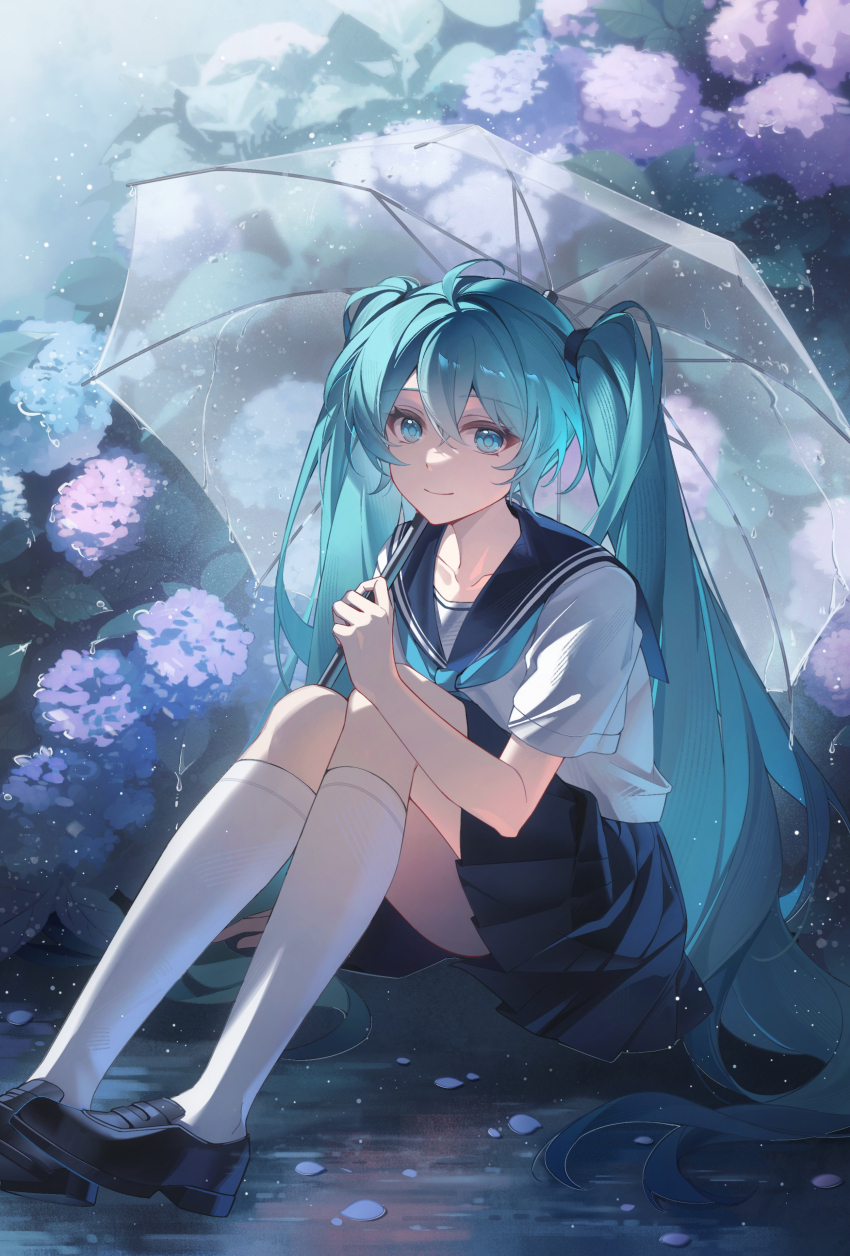 1girl absurdres ahoge black_shoes black_skirt blue_eyes blue_hair blue_neckerchief blue_sailor_collar closed_mouth commentary_request flower full_body hatsune_miku highres holding holding_umbrella hydrangea kanvien kneehighs loafers long_hair looking_at_viewer neckerchief outdoors pleated_skirt rain sailor_collar school_uniform serafuku shirt shoes short_sleeves sitting skirt smile socks solo transparent transparent_umbrella twintails umbrella vocaloid white_shirt white_socks