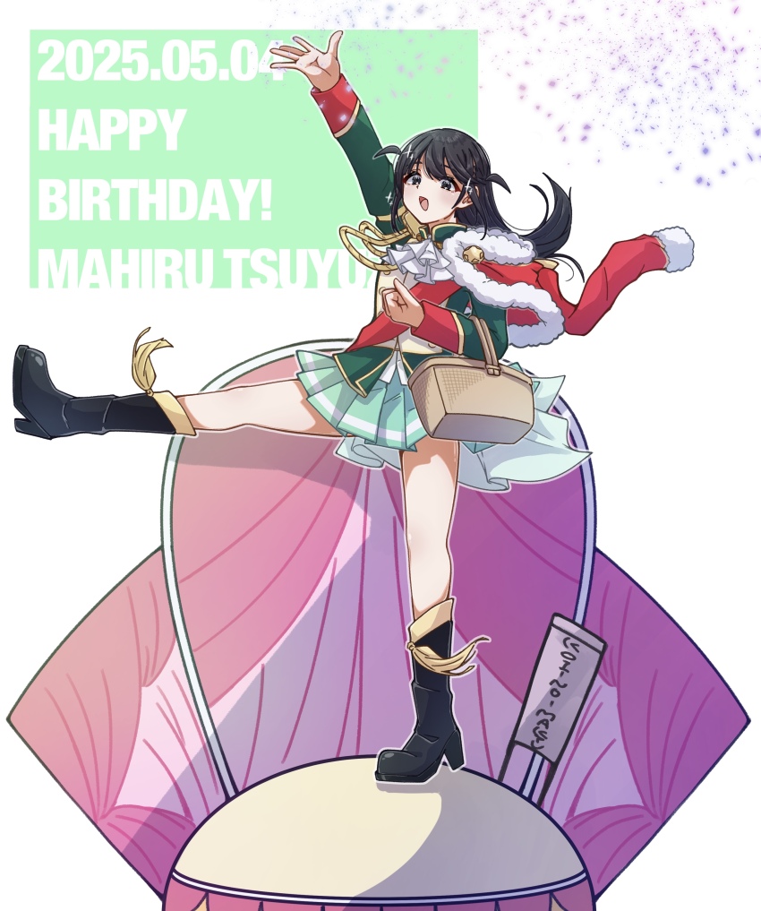1girl :d absurdres aiguillette arm_up ascot basket black_boots black_eyes black_hair blush boots character_name commentary_request confetti curtains dated daua_history epaulettes floating_hair full_body fur-trimmed_jacket fur_trim green_jacket green_skirt hand_up happy_birthday high_heel_boots high_heels highres holding holding_basket jacket jacket_on_shoulders leg_up long_hair long_sleeves looking_at_viewer looking_to_the_side miniskirt open_mouth outstretched_leg pleated_skirt red_jacket red_sash sash shoujo_kageki_revue_starlight shoulder_sash single_stripe skirt smile solo song_name sparkle standing standing_on_one_leg striped_clothes striped_skirt tsuyuzaki_mahiru two_side_up waist_cape white_ascot white_background