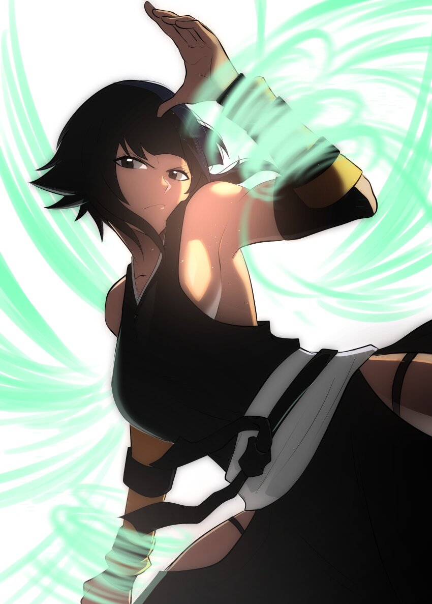 1girl absurdres aerokinesis bare_shoulders black_eyes black_hair black_sash bleach breasts collarbone highres hip_vent looking_at_viewer sash shihakusho shirt sideboob sideless_kimono sleeveless sleeveless_shirt solo sui-feng thatamaan toned toned_female v-shaped_eyebrows white_background wind