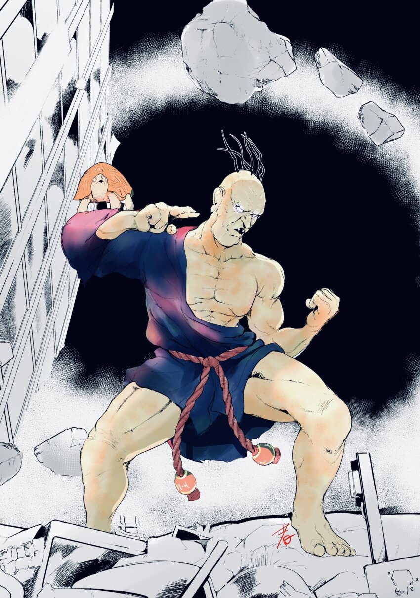 1boy abs animal animal_on_shoulder antenna_hair blue_robe capcom carrying carrying_over_shoulder city colored_skin fighting_stance floating_rock full_body glowing glowing_eyes highres hiroshi_mono male_focus mature_male monochrome_background muscular muscular_male no_pupils old old_man oro_(street_fighter) pectorals robe rope_belt solo street_fighter street_fighter_iii_(series) turtle
