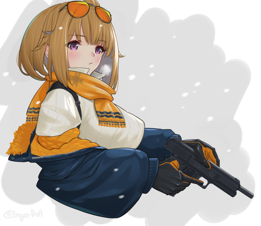 1girl black_gloves blue_jacket blush brown_hair closed_mouth clothes_pull eyewear_on_head girls&#039;_frontline gloves grizzly_mkv_(girls&#039;_frontline) gun handgun holding holding_gun holding_weapon ingerdoll jacket jacket_pull l.a.r._manufacturing lar_grizzly_win_mag looking_at_viewer medium_hair orange_scarf pistol purple_eyes scarf simple_background snowflakes solo sweater twitter_username upper_body weapon white_sweater
