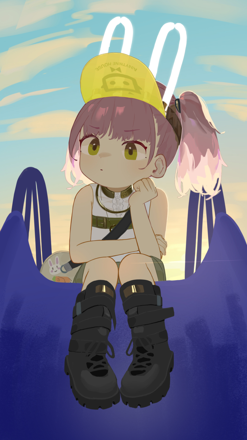 1girl absurdres animal_ears bare_arms bare_shoulders black_boots boots closed_mouth fake_animal_ears full_body girls&#039;_frontline girls&#039;_frontline_neural_cloud green_eyes hand_on_own_cheek hand_on_own_face highres pink_hair shirt sitting sleeveless sleeveless_shirt solo taisch_(neural_cloud) twintails visor_cap white_shirt xiaotsihasiha