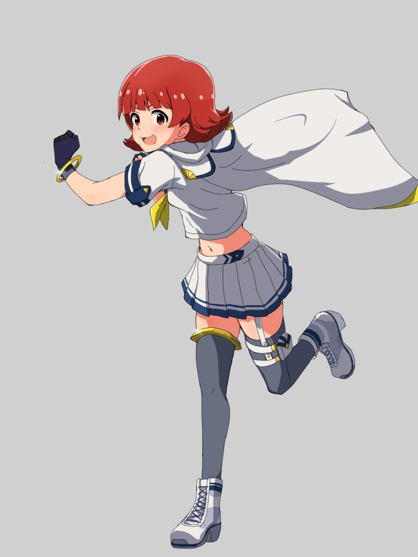 1girl blush bow cape cloak dot_nose flipped_hair full_body garter_straps grey_background grey_thighhighs highres idol_heroes_(idolmaster) idolmaster idolmaster_million_live! idolmaster_million_live!_theater_days legwear_garter mighty_sailor navel nejime_(nejimeinu) nonohara_akane open_mouth pleated_skirt punching red_eyes red_hair school_uniform serafuku shoes short_hair short_sleeves sidelocks simple_background single_legwear_garter skirt sneakers solo standing standing_on_one_leg thighhighs v-shaped_eyebrows white_cloak white_garter_straps white_serafuku white_skirt yellow_bow zettai_ryouiki