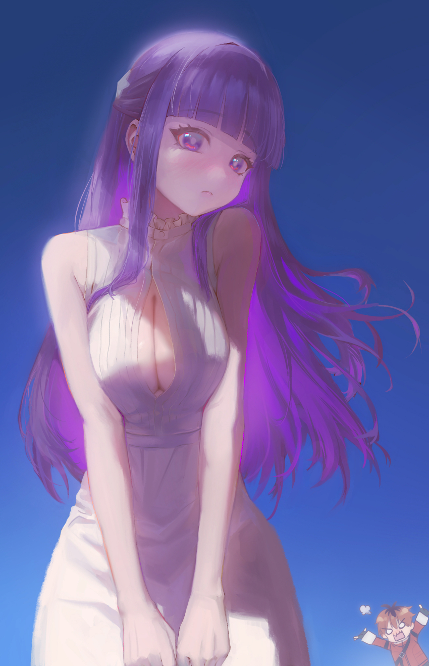 1boy 1girl absurdres bare_shoulders blue_background blunt_bangs blush breasts breasts_squeezed_together bright_pupils chibi chibi_inset chinese_commentary chromatic_aberration cleavage cleavage_cutout clothing_cutout commentary_request cowboy_shot dress emo_qianzi fern_(sousou_no_frieren) gradient_background gradient_hair half_updo head_tilt highres light_frown long_hair long_sidelocks multicolored_hair o_o puff_of_air purple_eyes purple_hair sidelocks solo_focus sousou_no_frieren standing stark_(sousou_no_frieren) v-shaped_eyebrows v_arms white_dress white_pupils