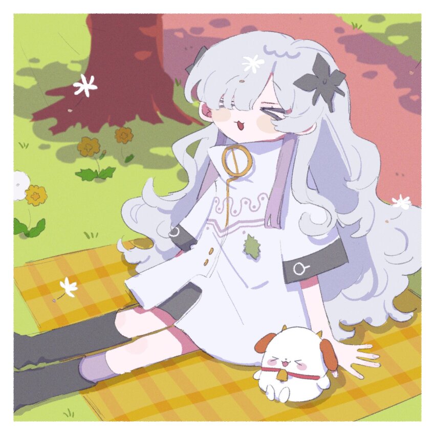 &gt;_&lt; 1girl :3 arm_support asymmetrical_legwear black_boots black_skirt blanket blush_stickers boots border cevio coat commentary_request dandelion dandelion_seed dappled_sunlight day feet_out_of_frame flower goat grass grey_hair hair_ornament hair_over_one_eye high_collar highres kamitsubaki_studio knee_boots kneehighs leaf long_hair multicolored_hair niyu_(nennenkorori3) o-ring open_mouth outdoors outstretched_legs path plaid_blanket purple_hair purple_socks raised_eyebrows road sekai_(cevio) short_sleeves single_knee_boot single_thigh_boot sitting skirt smile socks solo streaked_hair sunlight taiyou_poka_poka_de_kusa_(cevio) thigh_boots tree uneven_legwear very_long_hair white_border white_coat zipper zipper_pull_tab