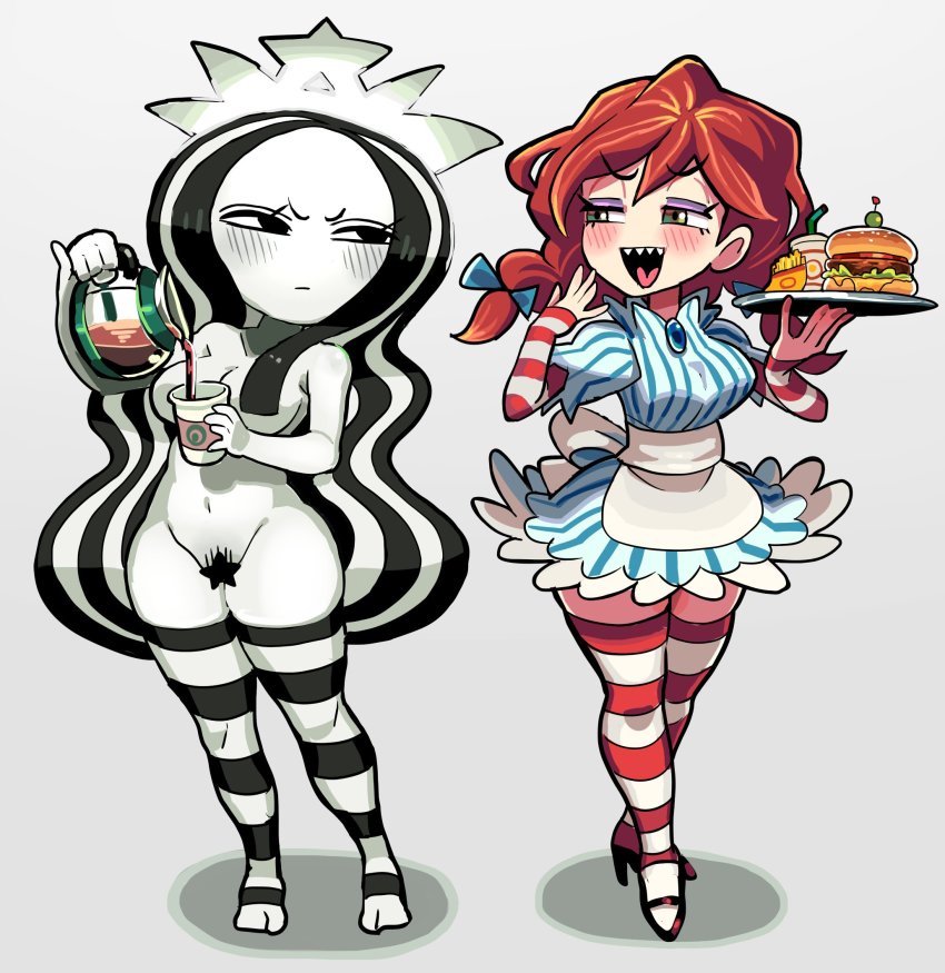 2girls black_eyes black_hair blue_eyes blush bow braid breasts burger censored censored_nipples coffee_pot colored_skin dress fang female_pubic_hair food freckles full_body gashi-gashi hair_bow hair_censor hair_over_breasts highres large_breasts long_hair looking_at_another multicolored_hair multiple_girls navel nude open_mouth pinstripe_pattern plate pouring product_girl pubic_hair red_hair smile star_(symbol) star_censor starbucks starbucks_siren stb-chan striped_clothes striped_dress striped_legwear striped_thighhighs thighhighs twin_braids very_long_hair wavy_hair wendy&#039;s wendy_(wendy&#039;s) white_background white_hair white_skin