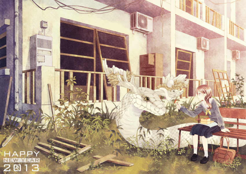 10s 1girl 2013 air_conditioner antlers apple apple_rabbit bag brown_eyes brown_hair chinese_new_year chinese_zodiac day egg food food_art fruit horns long_hair nest new_year original outdoors school_bag school_uniform serafuku sitting skirt snake sweater yue_natsuki