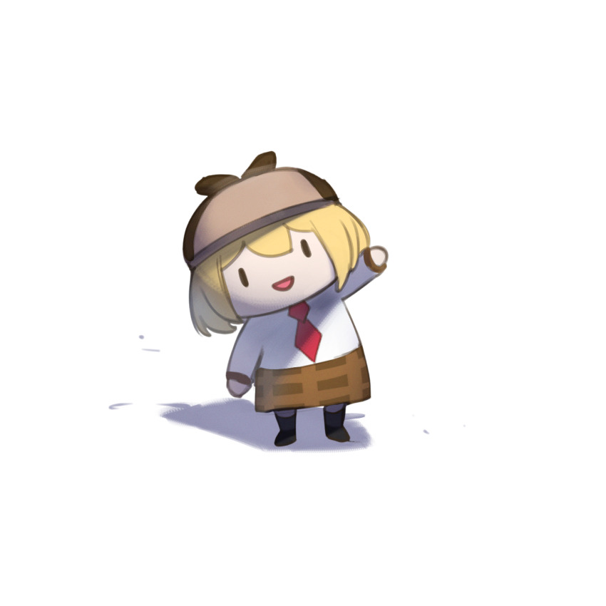 1girl :d blonde_hair brown_hat brown_skirt chibi commentary deerstalker english_commentary full_body hat highres hololive hololive_english looking_at_viewer necktie o22no open_mouth plaid_clothes plaid_skirt red_necktie shirt simple_background skirt smile smol_ame solo standing straight-on virtual_youtuber watson_amelia watson_amelia_(1st_costume) waving white_background white_shirt |_|