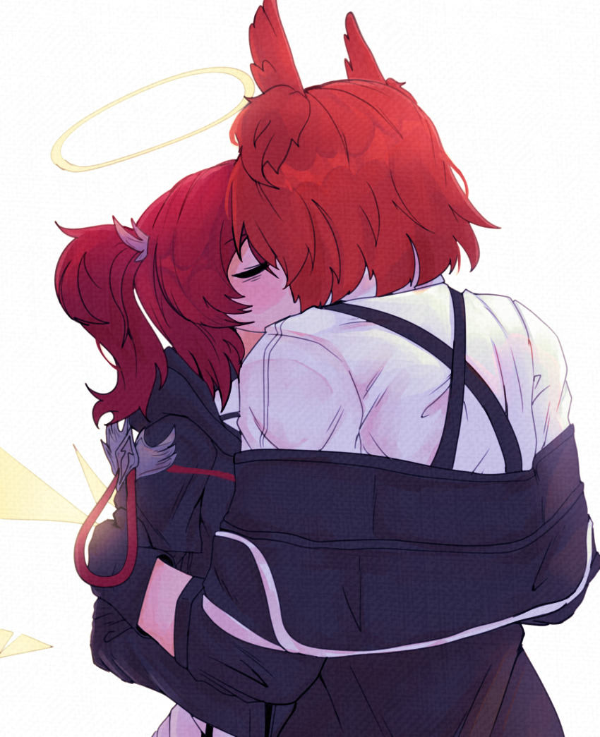 2girls adversarial_noise annierosaart arknights black_gloves black_jacket closed_eyes commentary exusiai_(arknights) fiammetta_(arknights) gloves halo highres hug jacket kiss multiple_girls off_shoulder one_side_up red_hair shirt short_hair traditional_halo upper_body white_background white_shirt yellow_halo yuri
