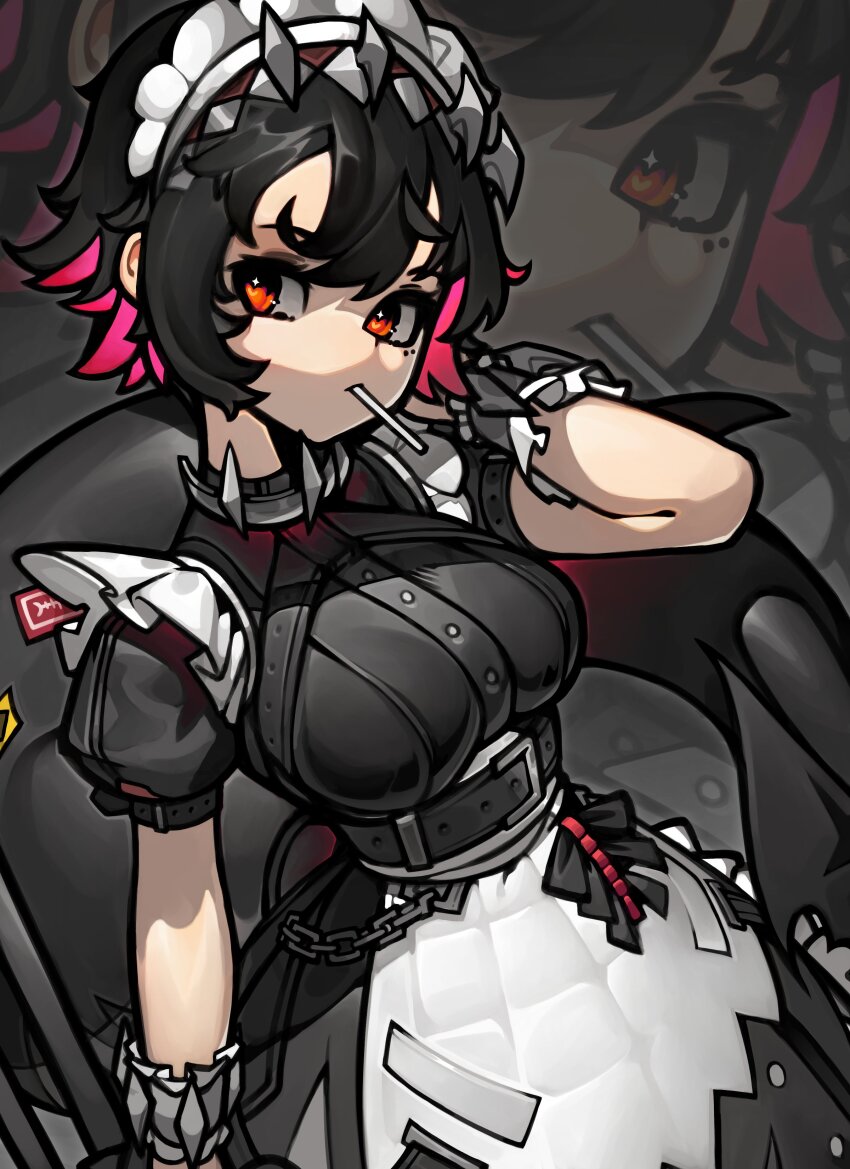 1girl absurdres belt black_hair breasts chain colored_inner_hair commentary ellen_joe fins fish_tail hair_between_eyes highres hoai_vu large_breasts looking_at_viewer maid maid_headdress mole mole_under_eye multicolored_hair orange_eyes pink_hair puffy_short_sleeves puffy_sleeves shark_girl shark_tail short_hair short_sleeves solo tail two-tone_hair wrist_cuffs zenless_zone_zero zoom_layer
