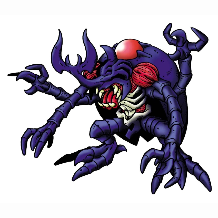 atlurkabuterimon atlurkabuterimon_(blue) bug digimon digimon_(creature) exoskeleton highres horns no_eyes official_art rhinoceros_beetle sharp_teeth simple_background teeth white_background
