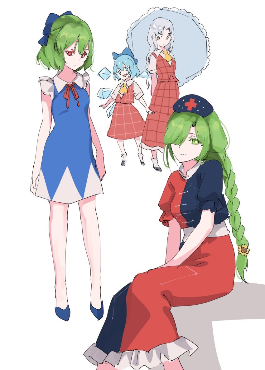 4girls ascot blue_bow blue_dress blue_eyes blue_footwear blue_hair blue_headwear bow braid braided_ponytail cirno cirno_(cosplay) commentary constellation_print cosplay costume_switch cross detached_wings dress flower green_eyes green_hair grey_eyes grey_hair hair_bow hair_flower hair_ornament hair_over_one_eye hat highres holding holding_umbrella ice ice_wings kazami_yuuka kazami_yuuka_(cosplay) kazami_yuuka_(pc-98) long_hair looking_at_viewer multiple_girls nurse_cap parasol plaid_clothes plaid_skirt plaid_vest red_cross red_dress red_eyes red_skirt red_vest shirt short_hair short_sleeves simple_background skirt standing sunflower tohoyuukarin touhou touhou_(pc-98) trigram umbrella vest white_background white_shirt white_umbrella wings yagokoro_eirin yagokoro_eirin_(cosplay) yellow_ascot