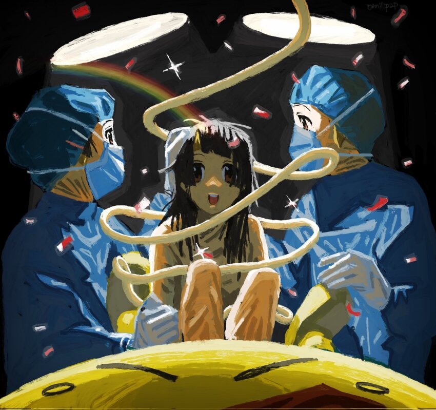3others alternate_costume animegao black_background black_hair brown_eyes caesarean_section commentary confetti cosplay english_commentary floating floating_object giving_birth gloves hand_on_another&#039;s_head highres kigurumi long_hair looking_at_another looking_at_viewer m000oomin mask mouth_mask multiple_others nazono_mito nijisanji open_mouth simple_background smile sparkle surgeon surgical_cap surgical_gown surgical_light surgical_mask surreal tsukino_mito umbilical_cord virtual_youtuber white_gloves wig