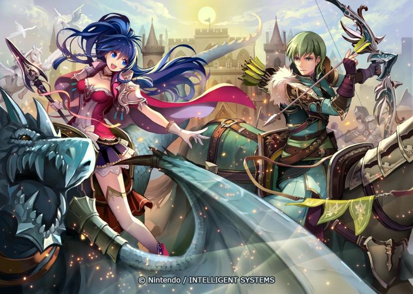1girl 2boys armor arrow_(projectile) bow_(weapon) cape commentary_request company_connection copyright_name day dragon fire_emblem fire_emblem:_the_sacred_stones fire_emblem_cipher holding holding_bow_(weapon) holding_weapon horse horseback_riding innes_(fire_emblem) konfuzikokon male_focus multiple_boys nintendo official_art outdoors pegasus polearm quiver riding spear tana_(fire_emblem) thighhighs weapon wings wyvern zettai_ryouiki