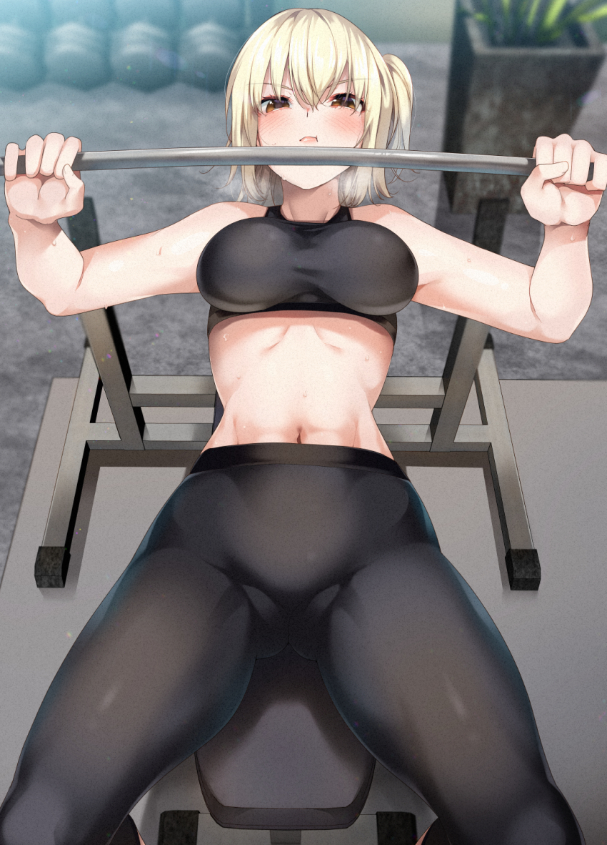 1girl :t asakura_ageha barbell bench_press black_pants black_sports_bra blonde_hair blush breath commentary_request exercising feet_out_of_frame from_above gym highres indoors legs_apart lying navel on_back pants pout ryouma_(galley) solo sports_bra sweat weightlifting weights yoga_pants yumeochi_-_yume_de_bokura_wa_koi_ni_ochiru