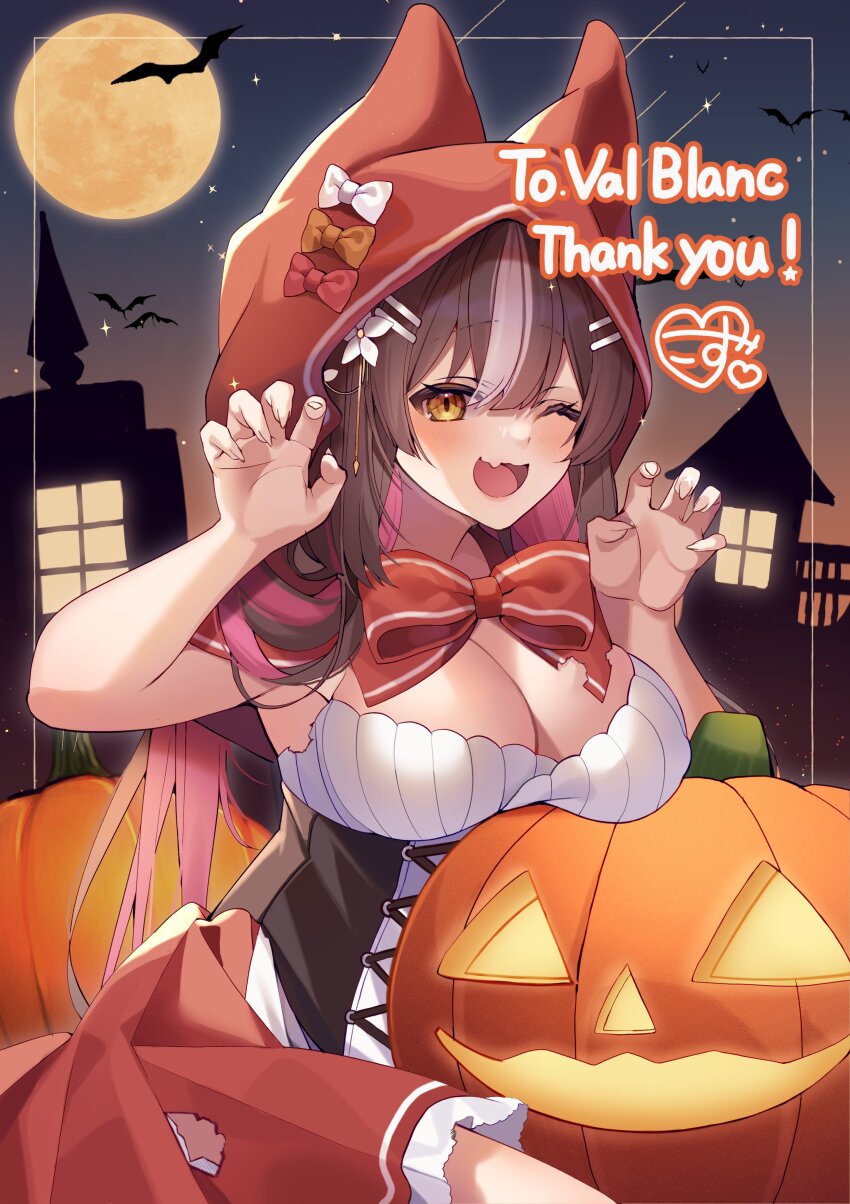 1girl ;d absurdres animal_ears armpits arms_up black_hair breasts chisaka_airi claw_pose cleavage commission fake_animal_ears fang full_moon halloween highres hood jack-o&#039;-lantern kozu_(bloomme1_me) large_breasts long_hair looking_at_viewer moon multicolored_hair one_eye_closed open_mouth orange_eyes phase_connect pink_hair ribbed_shirt second-party_source shirt sleeveless sleeveless_shirt smile solo two-tone_hair virtual_youtuber white_shirt