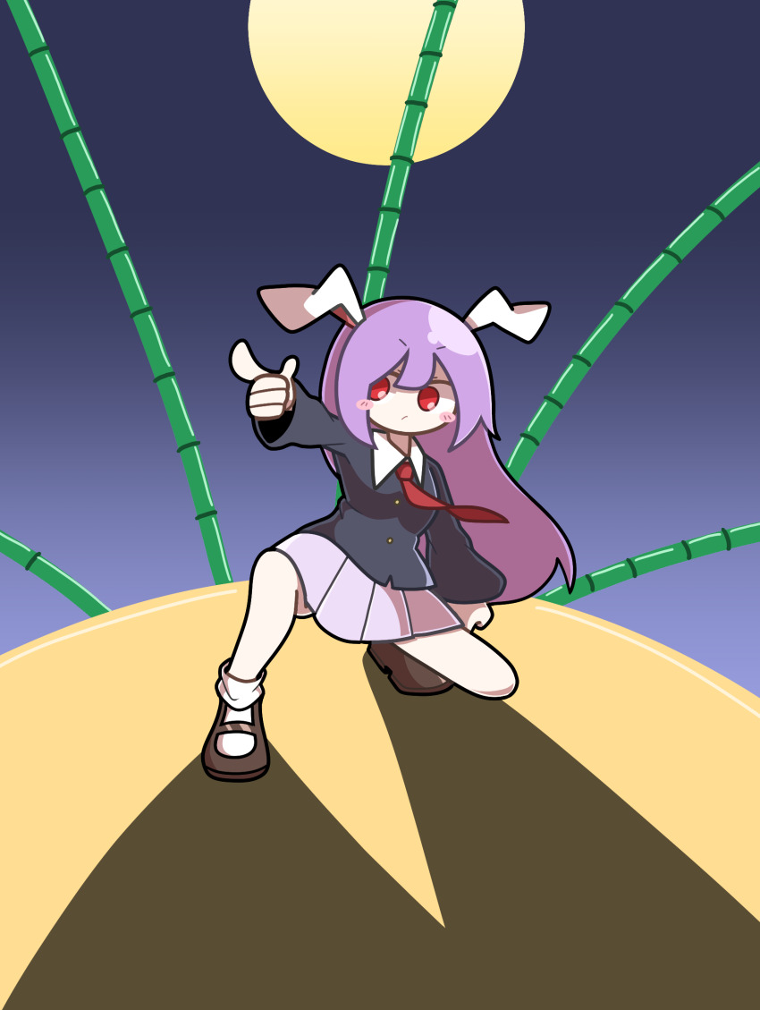 1girl absurdres animal_ears baek_ban bamboo black_jacket blush_stickers breasts brown_shoes closed_mouth collared_shirt finger_gun full_moon hair_between_eyes highres jacket long_hair mary_janes medium_breasts moon on_one_knee pink_skirt pleated_skirt purple_hair rabbit_ears rabbit_girl red_eyes reisen_udongein_inaba shirt shoes skirt socks solo touhou white_shirt white_socks