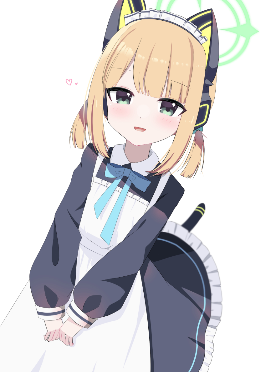 1girl absurdres animal_ear_headphones animal_ears apron black_dress blue_archive blue_bow blue_bowtie blurry blush bow bowtie cat_ear_headphones cat_ears collared_dress commentary depth_of_field dress fake_animal_ears frilled_dress frills green_bow green_eyes green_halo h4ko hair_bow halo headphones heart highres long_sleeves looking_at_viewer maid maid_apron maid_headdress midori_(blue_archive) midori_(maid)_(blue_archive) official_alternate_costume open_mouth parted_bangs puffy_long_sleeves puffy_sleeves short_hair short_twintails sidelocks simple_background smile solo twintails v_arms white_apron white_background white_headdress