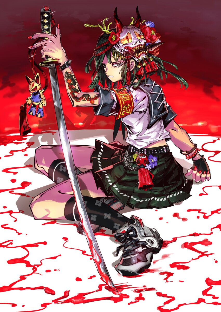 1girl absurdres arm_tattoo black_socks blood bracelet fingerless_gloves gloves green_hair green_skirt highres holding holding_sword holding_weapon jewelry katana mask medium_hair nail_polish original puppeteer7777 red_nails school_uniform shirt shoes skirt sneakers socks solo sword t-shirt tattoo weapon
