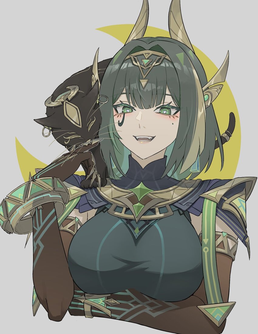 1girl ancient_egyptian_clothes animal animal_on_shoulder armlet ashru_(genshin_impact) black_cat breasts cat cat_on_shoulder cat_tail claw_ring claws crescent_moon elbow_gloves eye_tattoo fake_claws fukaba_yoh gem genshin_impact gloves green_eyes green_gemstone green_hair green_streaks hair_ornament headpiece highres jewelry large_breasts looking_at_viewer mark_under_eye medium_hair mole mole_under_eye moon nefer_(genshin_impact) simple_background smile solo symbol-shaped_pupils tail tattoo triangle-shaped_pupils usekh_collar whiskers white_background