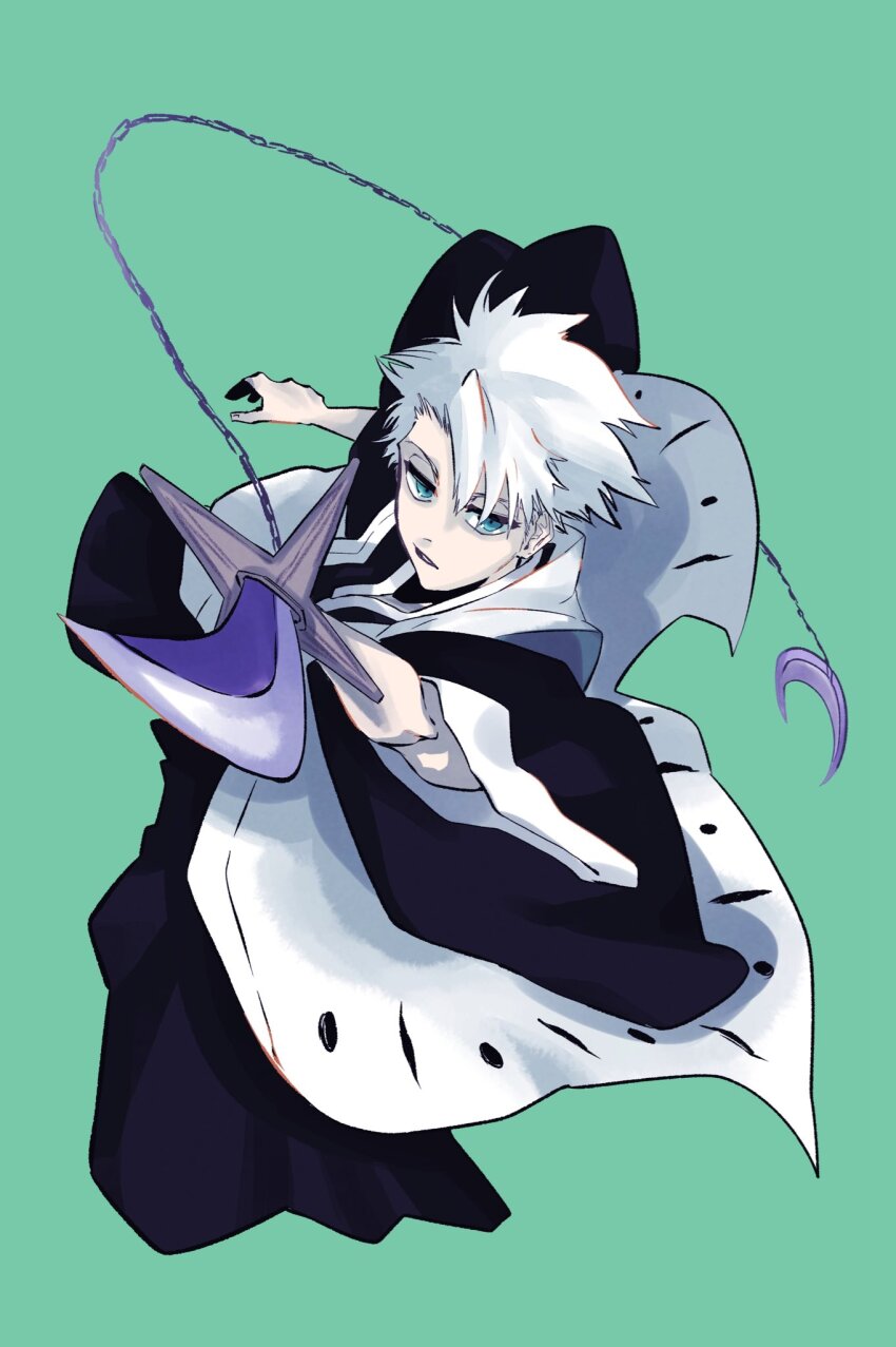 1boy black_hakama black_kimono bleach chain expressionless green_background green_eyes hakama haori highres hitsugaya_toushirou holding holding_sword holding_weapon hyourinmaru_(shikai) japanese_clothes kimono looking_at_viewer male_focus mitu_hide43 parted_lips shihakusho solo sword taichou_haori weapon white_hair wide_sleeves zanpakutou