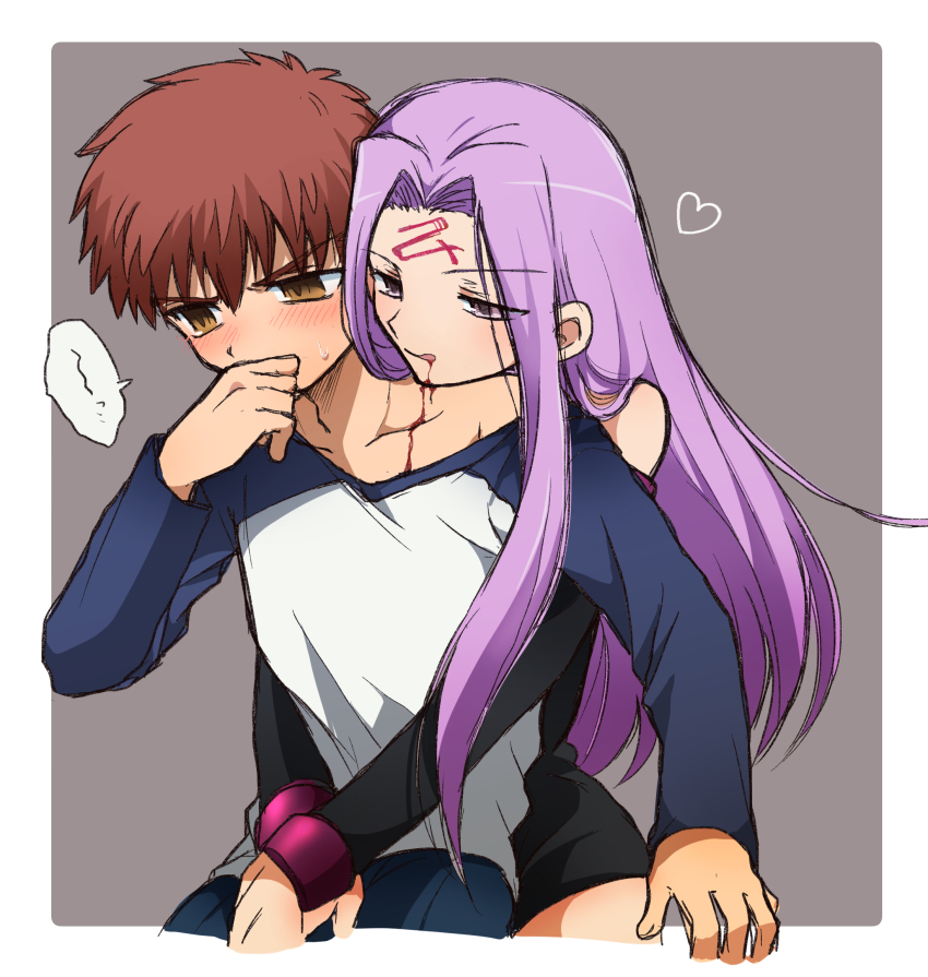 1boy 1girl black_dress black_sleeves blood blush collar detached_sleeves dress emiya_shirou facial_mark fate/stay_night fate_(series) forehead_mark highres hug hug_from_behind long_hair long_sleeves medusa_(fate) medusa_(rider)_(fate) purple_collar purple_eyes purple_hair short_dress smile strapless strapless_dress thighhighs tsubuta_hiro very_long_hair