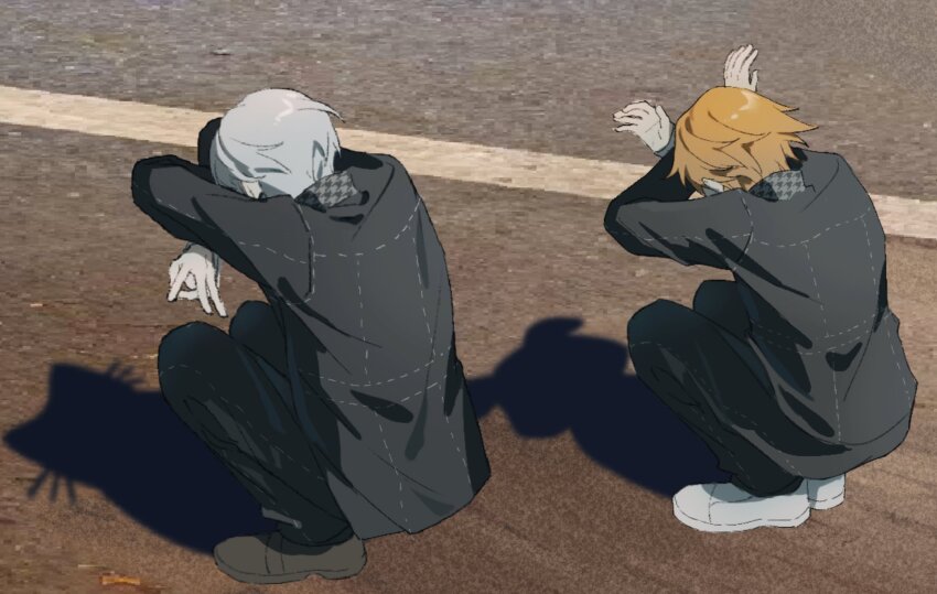 2boys arms_up black_jacket black_pants black_shoes brown_hair cat_shadow_puppet_(meme) collared_jacket commentary_request crossed_arms grey_hair hanamura_yousuke highres houndstooth jacket kneeling long_sleeves male_focus meme multiple_boys narukami_yu pants persona persona_4 popped_collar road school_uniform shoes short_hair vodo0711 white_shoes yasogami_school_uniform
