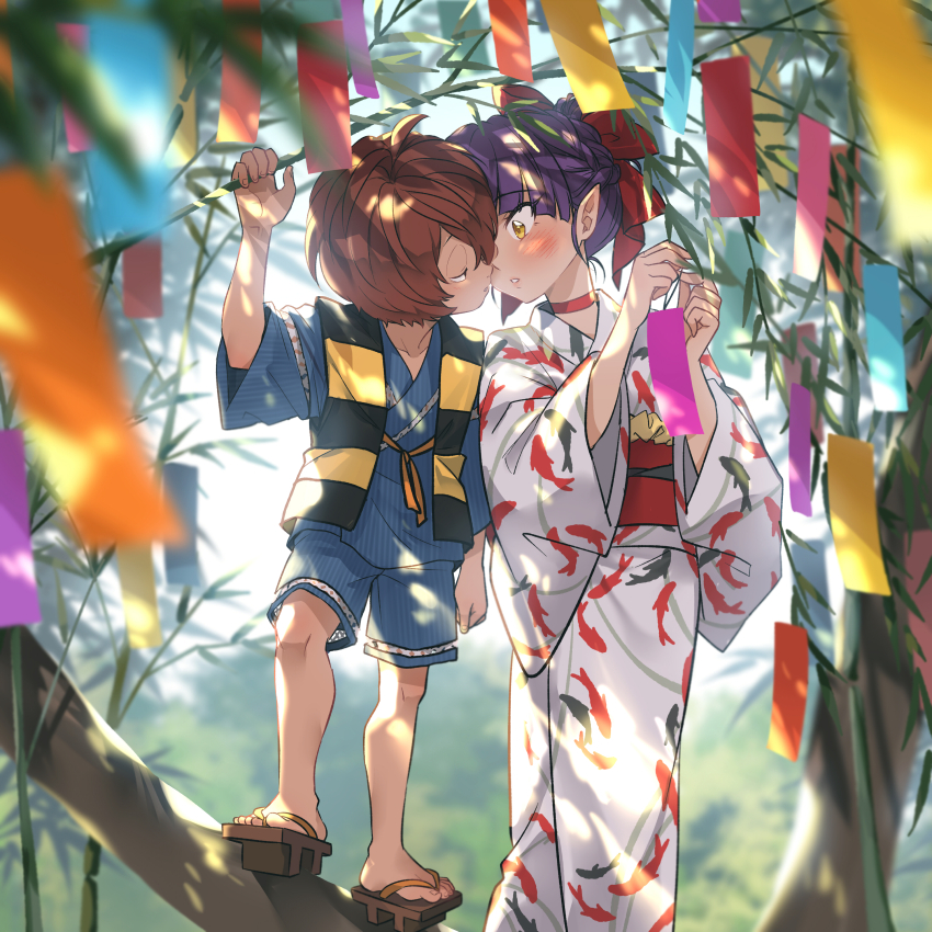 1boy 1girl absurdres animal_print blue_shorts blurry blurry_foreground blush bow brown_hair choker couple day fish_print gegege_no_kitarou hair_bow half-closed_eyes height_difference hetero highres imminent_kiss japanese_clothes kimono kitarou looking_at_another nekomusume outdoors parted_lips pointy_ears print_kimono purple_hair red_bow red_choker ribbon short_hair short_shorts shorts silanduqiaocui striped_clothes striped_vest tanabata tanzaku vest white_kimono yellow_ribbon