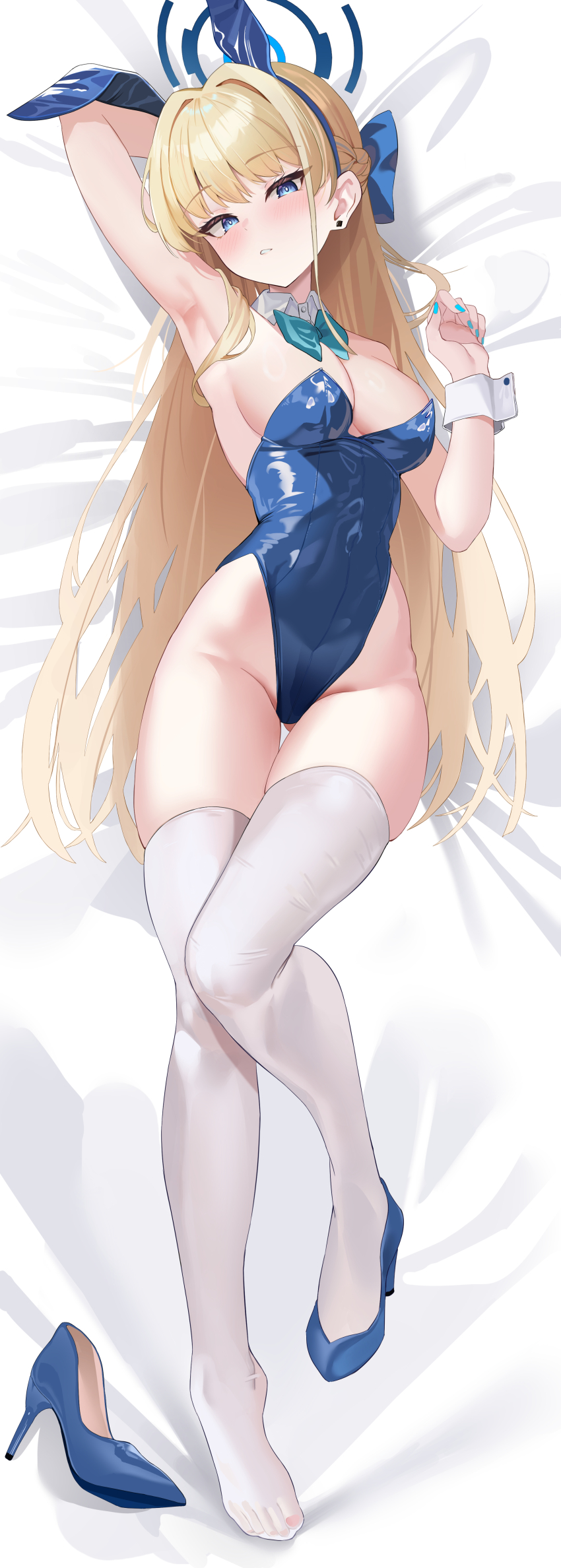 1girl absurdres animal_ears aqua_bow aqua_bowtie aqua_nails blonde_hair blue_archive blue_eyes blue_hairband blue_halo blue_leotard blue_shoes blush bow bowtie breasts dakimakura_(medium) detached_collar fake_animal_ears full_body hair_ornament hairband halo high_heels highleg highleg_leotard highres jbell large_breasts leotard long_hair looking_at_viewer lying nail_polish official_alternate_costume on_back parted_lips playboy_bunny rabbit_ears shoes solo thighhighs thighs toki_(blue_archive) toki_(bunny)_(blue_archive) white_thighhighs wrist_cuffs