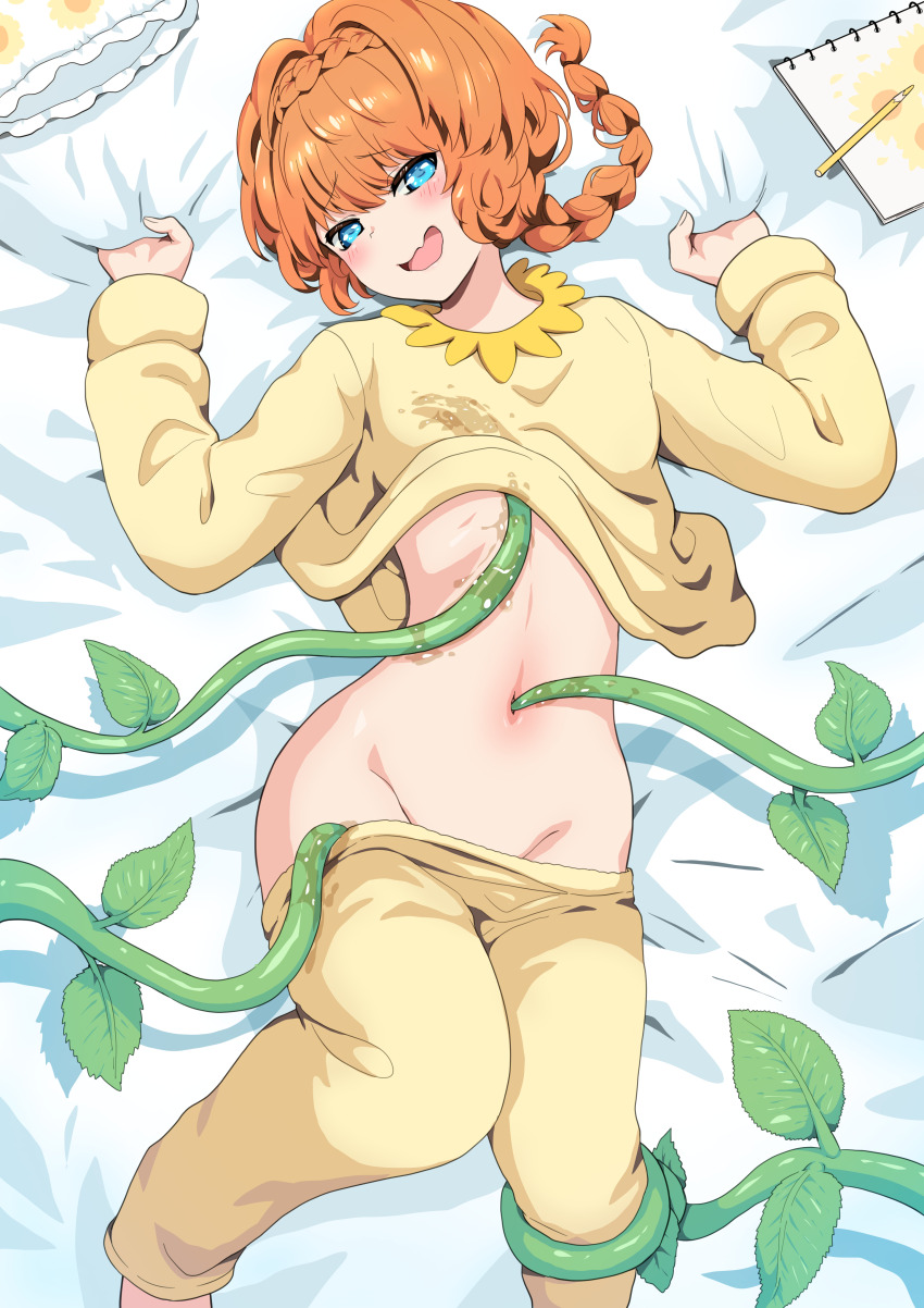 1girl absurdres bed_sheet blue_eyes blush braid breasts clothes_pull crown_braid fate/grand_order fate_(series) harurukan highres long_hair long_sleeves looking_at_viewer lying navel on_back open_mouth orange_hair pajamas pants pencil pillow shirt side_braid sketchbook small_breasts smile solo tentacles van_gogh_(fate) yellow_pants yellow_shirt