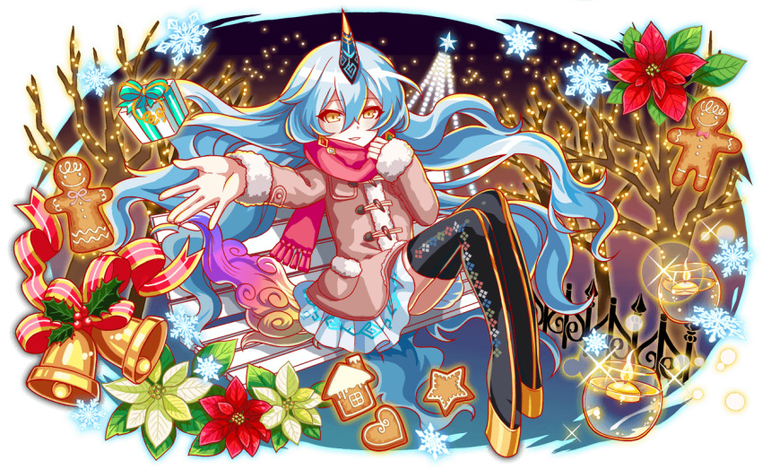 absurdly_long_hair adapted_costume alternate_costume alternate_hair_color alternate_horns anime_coloring aqua_hair argyle_clothes argyle_footwear artist_request bell bench big_hair black_boots black_thighhighs blush boots box brown_coat brown_sleeves candle christmas christmas_lights christmas_tree coat cookie crash_fever dot_nose duffel_coat earrings eyelashes fence fire flower food full_body game_cg gift gift_box gingerbread_cookie gingerbread_house gingerbread_man gingerbread_woman gradient_tail hair_between_eyes heart heart-shaped_cookie heart-shaped_food high_heel_boots high_heels horns jewelry legs_together light_particles long_hair long_sleeves miniskirt mistletoe multicolored_tail night night_sky no_socks official_alternate_costume official_alternate_hairstyle official_alternate_horns official_art on_bench outdoors outline pleated_skirt pocket poinsettia puffy_sleeve_cuffs qilin_(crash_fever) red_flower red_outline red_ribbon red_scarf ribbon scarf scarf_hold single_horn skirt sky sleeve_cuffs sleeves_past_wrists smile snowflakes solo sparkle star-shaped_cookie star-shaped_food star_(symbol) star_ornament striped_clothes striped_footwear striped_ribbon tachi-e tail teeth thighhighs third-party_source toggles transparent_background vertical-striped_footwear very_long_hair wavy_hair wedge_heels white_flower white_skirt white_sleeve_cuffs winter_clothes winter_coat yellow_eyes