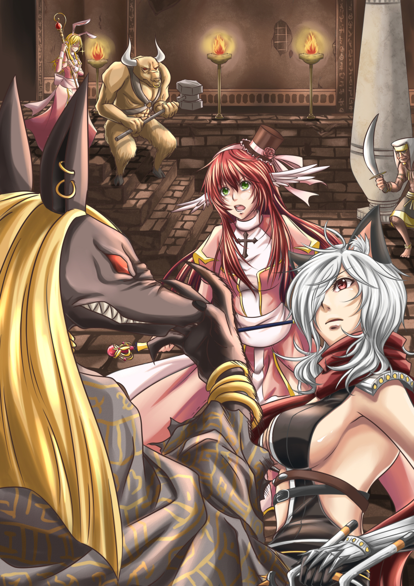 +_+ 2boys 3girls absurdres ancient_egyptian ancient_egyptian_architecture animal_ears anubis_(ragnarok_online) armor assassin_cross_(ragnarok_online) black_gloves black_leotard blonde_hair brazier breasts brown_hat cat_ears cat_girl closed_mouth column commentary_request dress elbow_gloves feathered_wings fire gloves green_eyes hair_over_one_eye hammer hat head_wings high_priest_(ragnarok_online) highres holding holding_hammer holding_sword holding_weapon in-universe_location indoors juliet_sleeves large_breasts leotard long_hair long_sleeves looking_at_another medium_breasts mini_hat mini_top_hat minorous minotaur monster_boy multiple_boys multiple_girls open_mouth pasana pauldrons pillar pink_dress puffy_sleeves ragnarok_online red_hair red_scarf revealing_clothes sash scarf shoulder_armor sideboob smile sword top_hat two-tone_dress upper_body vambraces weapon wei_yudu_rou white_dress white_sash white_wings wings